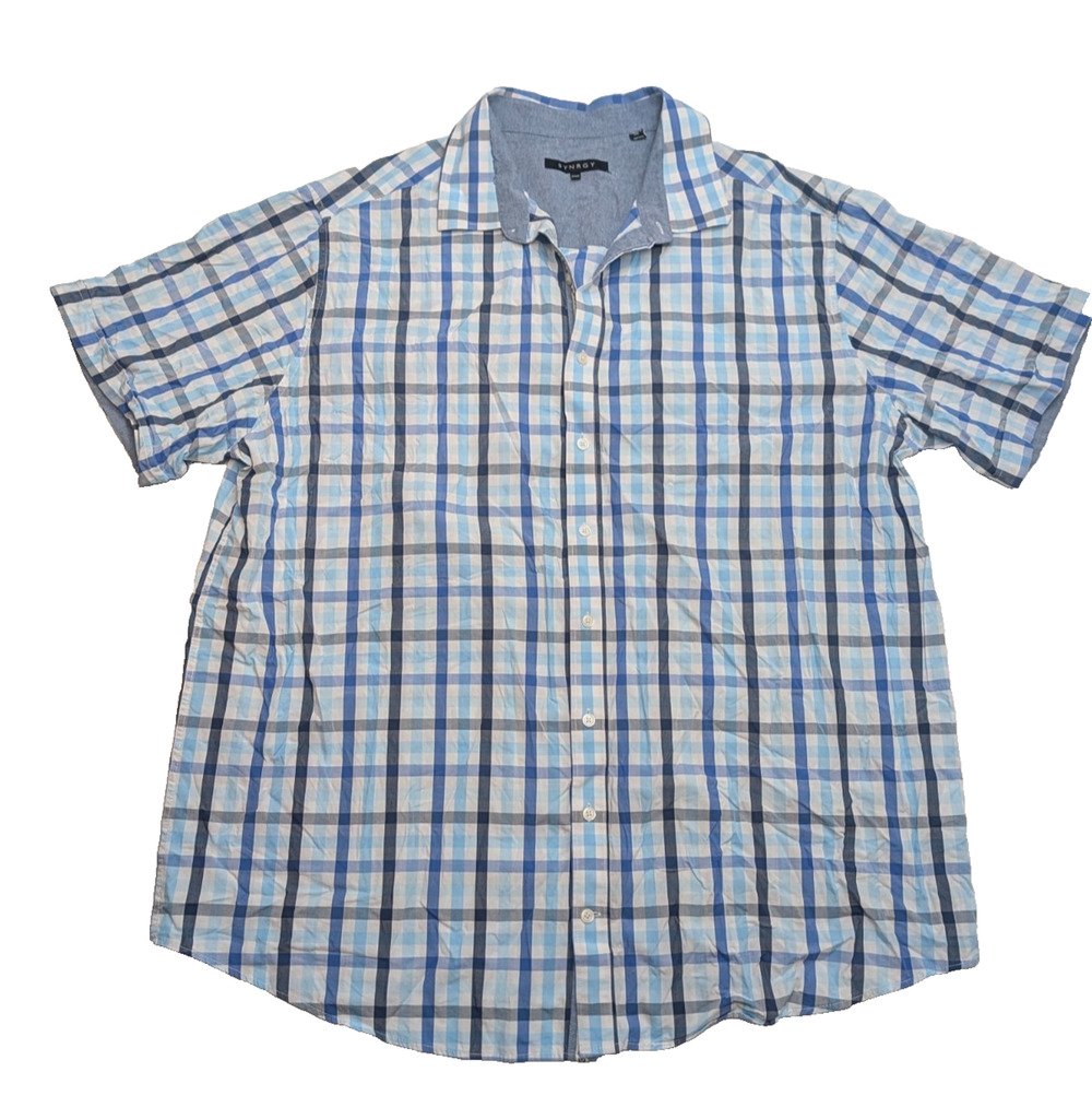 Synrgy Men's Blue White Plaid Short Sleeve Button Down Shirt - Size 2XLT XXLT